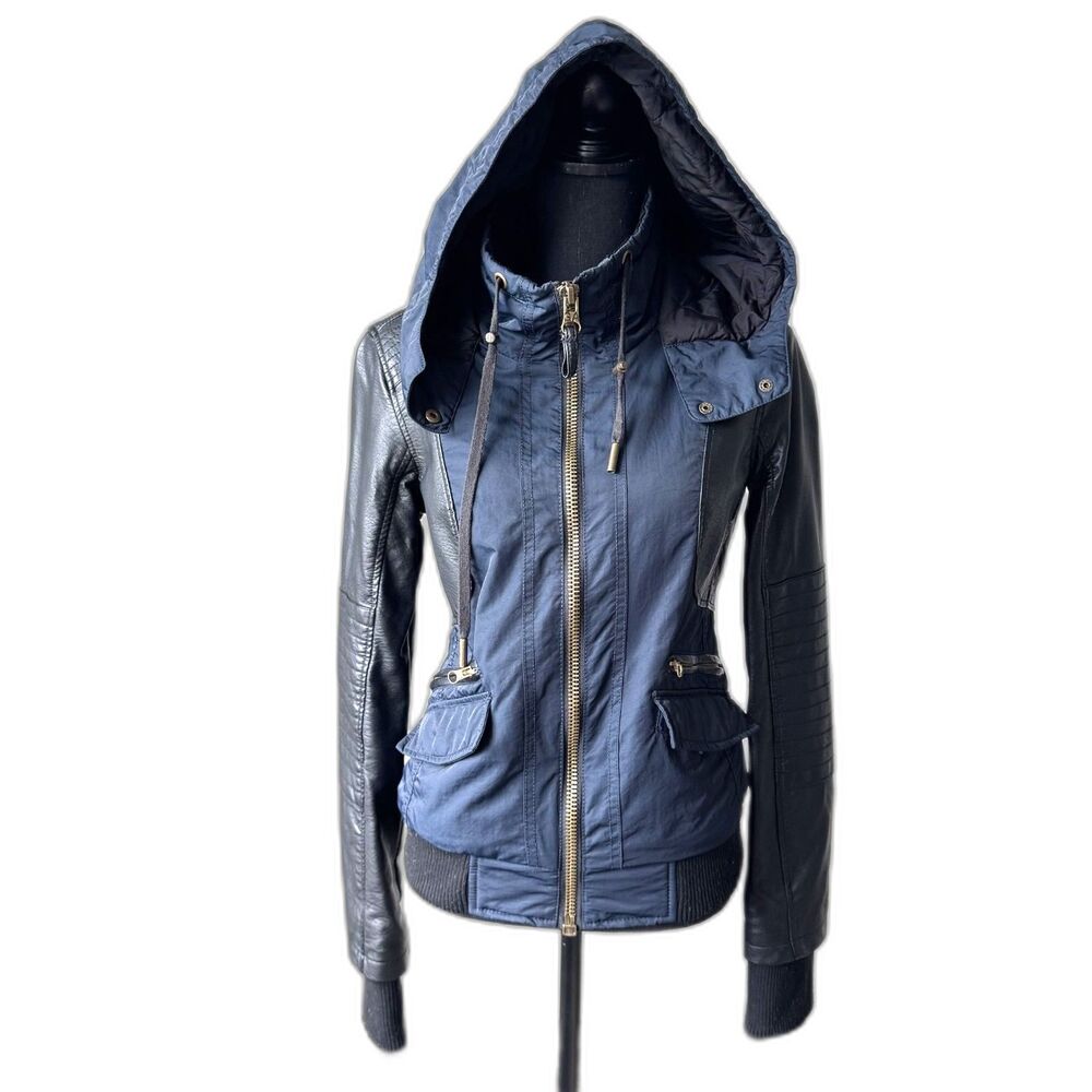 Size M Garage hooded moto bomber jacket navy blue faux leather 10601